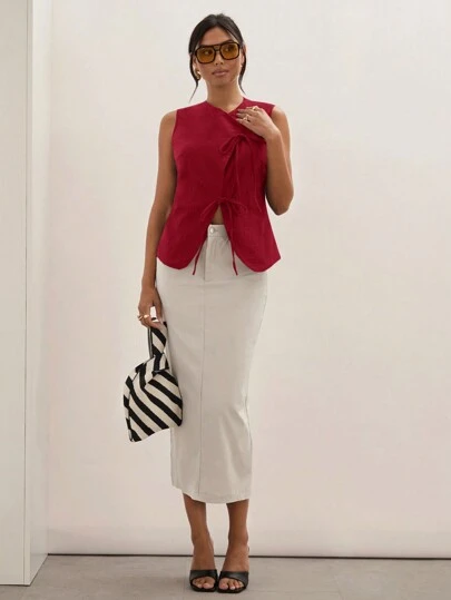 COSMINA 女士秋季黑色系带工作服无袖简约上衣，休闲日常穿着