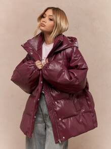 MISSGUIDED Oversized Winter Quilted Puffer Hooded Jacket Insulated Outerwear Faux Leather Waterproof Snow Coat Cold Weather Protection Warm Quilted Snow Coat