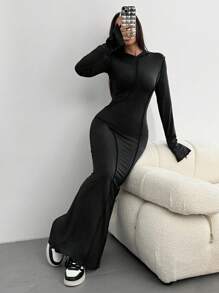 Chiquease 1 pieza Vestido largo casual de mujer de unicolor y ajuste ceñido - Negro - Ver 4