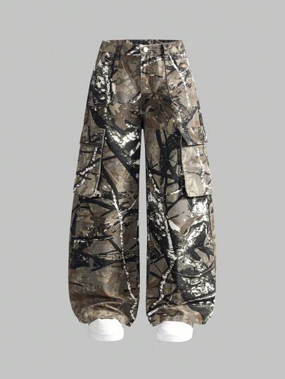 SHEIN Explorewe Tween Boy 新款潮流欧美时尚迷彩多口袋宽松直筒阔腿牛仔裤工装裤，街头嘻哈风格