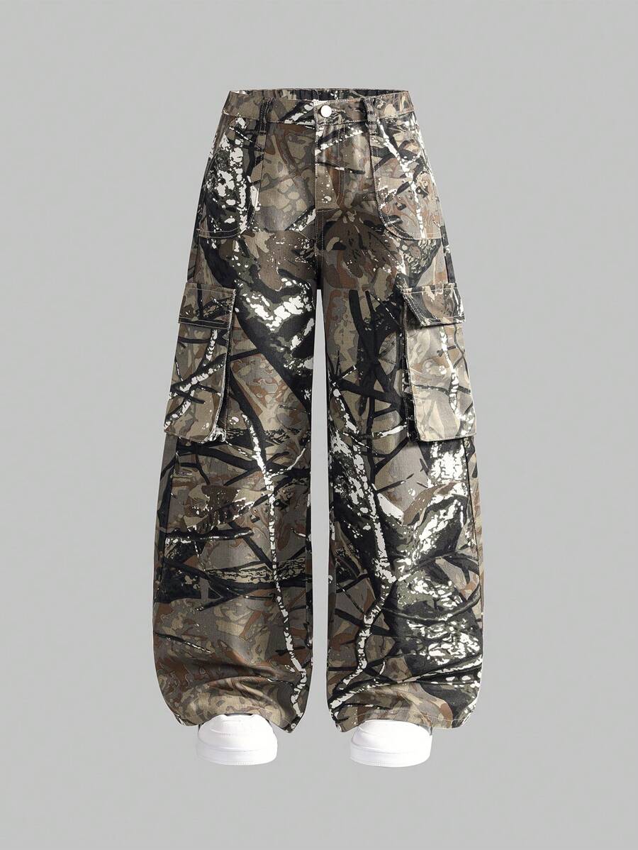 SHEIN Explorewe Tween Boy 新款潮流欧美时尚迷彩多口袋宽松直筒阔腿牛仔裤工装裤，街头嘻哈风格 - 彩色 - 查看 1