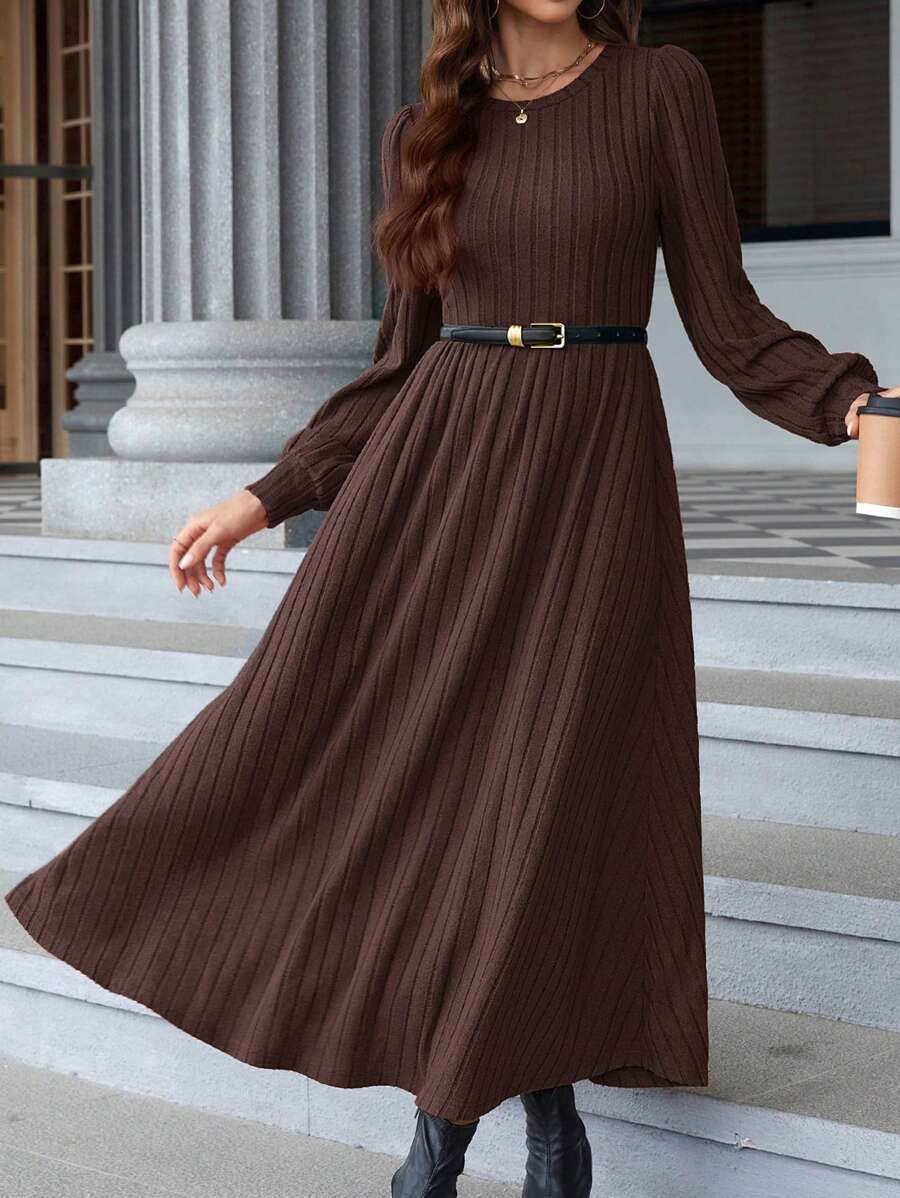 EMERY ROSE 女士圆领红色连衣裙灯笼袖罗纹紧身冬季连衣裙 - 棕色 - 查看 1