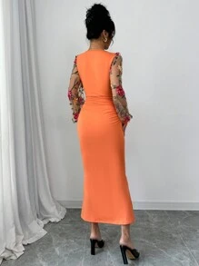 Elenzga 1 chiếc váy dài tay thanh lịch thêu hoa cổ chữ V phối lưới tương phản cho nữ trang phục maxi dành cho nữ - trái cam - Xem 2