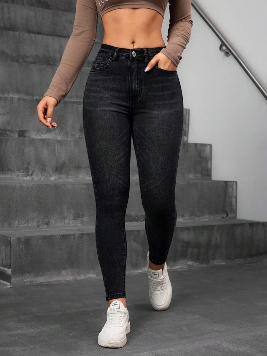 SHEIN Essnce 女式前扣口袋简约休闲牛仔裤，适合日常穿着 - 黑色 - 查看 1