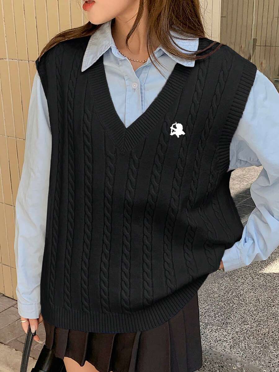 Dazy Star 女士休闲日常刺绣细节粗针织毛衣背心，秋冬 - 黑色 - 查看 1