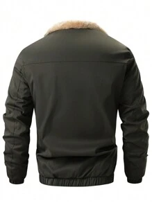 Manfinity Homme Men's Front Zip Up Long Sleeve Pockets Simple Jacket Casual Outwear,Men Jacket,Fall And Winter Men Clothes,Winter Men Jacket,Plush Fleece For Warmth - Army Green - View 2