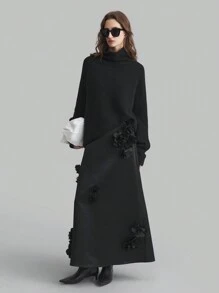 Ontre Women's 2025 Spring Floral Embellished Elegant Minimalist A-Line Skirt, Black Holiday Essential For Tall - Black - View 6