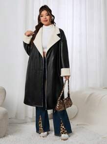 SHEIN EZwear Plus Size Casual Thermal Lined Shirt Collar Jacket, For Autumn/Winter