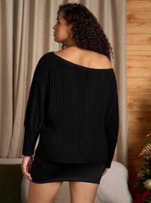 SHEIN Tall CURVE Plus Asymmetrical Neck Batwing Sleeve Tee Asymmetrical Top - Black - View 2