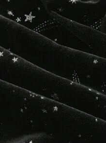 SHEIN MOD 大码不对称下摆半高领喇叭袖连衣裙，天鹅绒面料配银色彗星印花，海军蓝