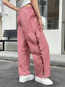 INAWLY Women's Elastic Waist Plaid Side Tie Loose Casual Wide Leg Pants