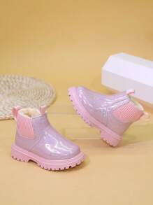 Botas cortas forradas térmicamente para niñas pequeñas, botas gruesas y cálidas brillante para niños, botas hasta el tobillo para niñas pequeñas, nuevos zapatos de otoño/invierno para bebés - Rosa - Ver 3