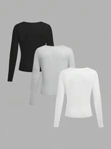 SHEIN Tween Girls Street Style Long Sleeve T-Shirt Bundle, Basic Button Design, Pack Of Three, Suitable For Spring And Fall Wear,Holiday,Summer,Travel - Multicolor - View 2