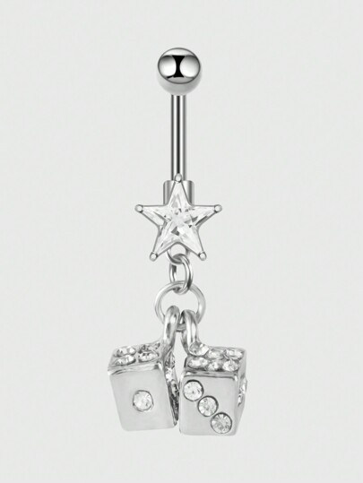 Kawaii 1pc Stainless Steel Rhinestone Pentagram Dice Navel Piercing For Women