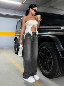 SHEIN PETITE 100%Cotton LOW WAIST WIDELEG DARK WASH - Dark Grey - View 5