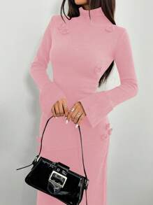 SHEIN Unity High Neck Form-Fitting Semi-Sheer 3D Floral Long Knitted Sweater Dress For Women Fall Cloth For Women - Pink - View 5