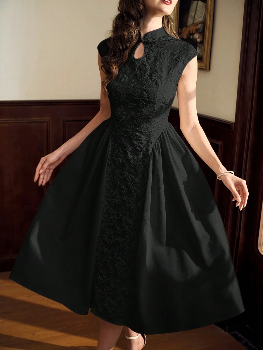 Vintamour 复古优雅女士旗袍领迷你连衣裙，中式花卉提花纹理面料，立领，短袖，褶皱拼接 A 字形休闲伞裙礼服女士连衣裙长裙舞会礼服白色连衣裙巡游女士服装返校节礼服秋季女装办公室女士秋季女装伴娘礼服晚宴礼服生日女士服装文艺复兴礼服派对半正式礼服老钱 - 黑色 - 查看 1