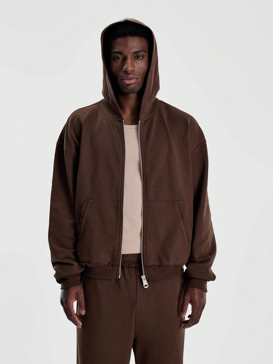Musero Men Zip Up Raw Hem Hoodie - Brown - View 1