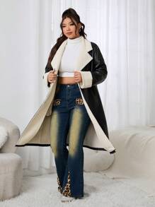 SHEIN EZwear Plus Size Casual Thermal Lined Shirt Collar Jacket, For Autumn/Winter