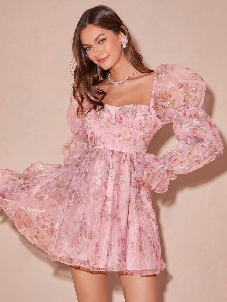 Spring/Summer Romantic Women's Pink Cute Floral Print Organza Sweetheart Mini Princess Dress,Sweet&Elegant Outfit For Sweet Date Night &Wedding Guest Dress Women &Holiday & Graduation Dress&Daily Commuting&Vacation&Garden Parties & Concert Outfit Women
