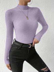 EMERY ROSE Women Casual Everyday Half-Turtleneck Slim-Fit Solid Color Sweater, Autumn/Winter Knit Pullover Fall Outfit - Purple - View 3