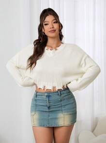 SHEIN EZwear 女式加大码纯色做旧落肩长袖休闲套头毛衣，白色 - 白色 - 查看 4