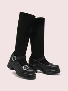 CUCCOO DOLLMOD Women Round Toe Platform Block Heel Black Suede Pu Patchwork Slip-On Knee High Boots