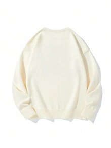 Manfinity Hypemode 男士休闲咖啡色字母图案针织毛衣，秋冬 - 白色 - 查看 2