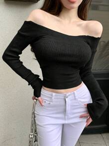 DAZY Women Casual Solid Color Off Shoulder Cropped Fitted Sweater, Autumn Off Shoulder Sweater
