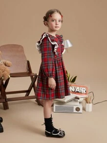 PrepCrw Young Girls' Collared Peplum Red Christmas Jacquard Woven Dress, Schoolgirl Style For Autumn/Winter