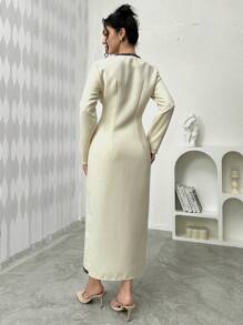 Modelyn Vestido largo de lana hecho a mano con manga larga y tejido grueso, vestido de noche largo para mujer, ropa de otoño para mujer - Albaricoque - Ver 2