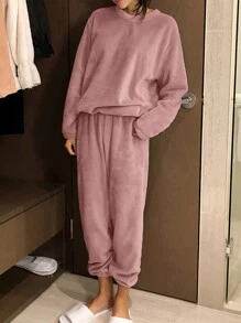 DAZY Minimalist Flannel Thickened Women Pajama Set, Winter - Pink - View 1