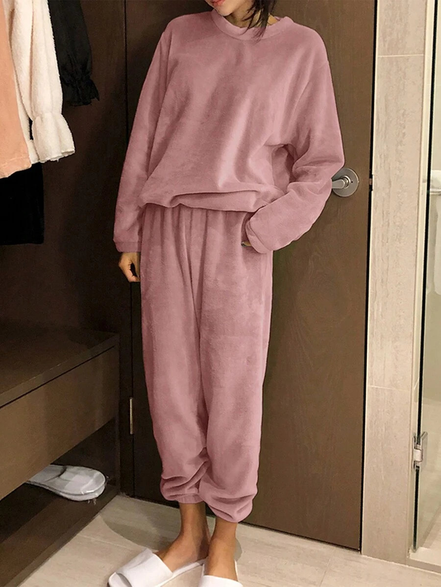 DAZY Minimalist Flannel Thickened Women Pajama Set, Winter - Pink - View 1