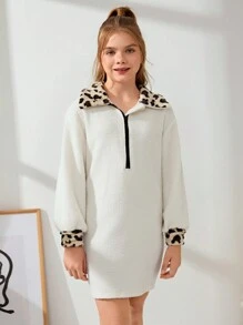 SHEIN Tween 女童豹纹领口部分拉链蓬松饰边休闲连衣裙 - 白色 - 查看 4