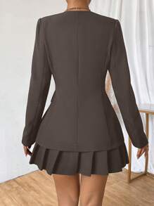 Chiquease 女式前扣长袖仿口袋简约休闲西装外套 - 咖啡棕 - 查看 2