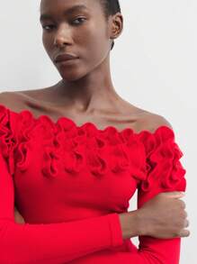 Maija 1 Stück Damen roter einfarbiger Applikations-Off-Shoulder eleganter Strickpullover, gemütlich und romantisch, geeignet für Weihnachten, langärmelige warme Oberseite