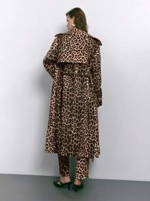 Maija Women's Autumn Loose Leopard Print Self-Tie Belt Double-Breasted Real Pockets Large Lapel Drape Long Leopard Printed Trench Coat