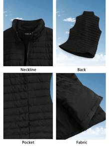 EMERY ROSE Plus Size Black Plain Front Zip Sleeveless Minimalist Down& Feathers Jacket, Casual Everyday Wear,Winter Women Coat