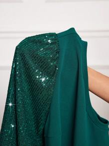 SHEIN Clasi Đầm ngắn sang trọng cổ tròn đính sequin tay đèn lồng cỡ lớn cho nữ - Màu xanh lá cây đậm - Xem 11