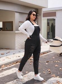 SHEIN EZwear 大码女式破洞口袋紧身连体裤休闲牛仔背带裤 - 黑色 - 查看 5