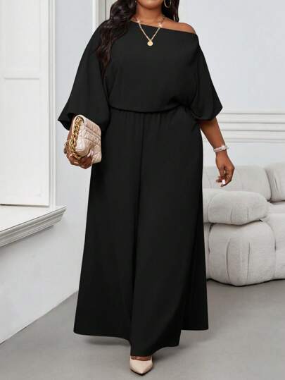 SHEIN Lady Autumn And Winter Elegant Vintage Work Casual Office Champagne Woven Off The Shoulder Ball Gown Bishop Sleeve Backless New Product Plus Size Jumpsuits