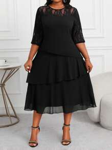 SHEIN Lady Vestido midi profesional empresarial azul de talla grande para mujeres, con mangas huecas, encaje, pespuntes, volantes y capas, ropa y vestidos de profesora para otoño, vestidos de encaje para las cuatro estaciones