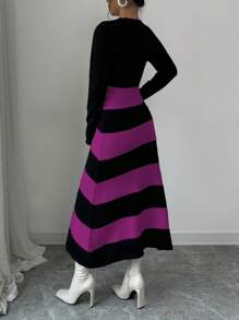 Elenzga Color Block Striped Knitted Sweater Dress - Lilac Purple - View 2