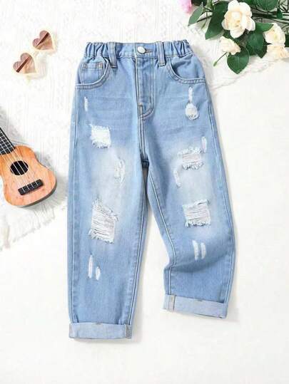 SHEIN Playful Pals Young Girl Daily Boho Casual Butterflies Print Ripped Roll Up Hem Elastic Waist Denim Shorts