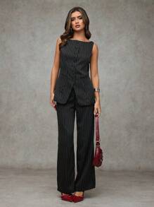 SHEIN BAE 船领条纹印花纽扣前无袖上衣和长裤优雅办公室商务套装秋冬 - 黑與白 - 查看 3