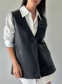 DAZY Women Solid Color Button Front PU Leather Casual Sleeveless Vest Women Jacket,Fall Women Clothes - Black - View 5