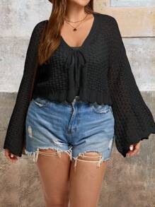 SHEIN VCAY 大码纯色镂空针织喇叭袖开衫，休闲，秋季 - 黑色 - 查看 5