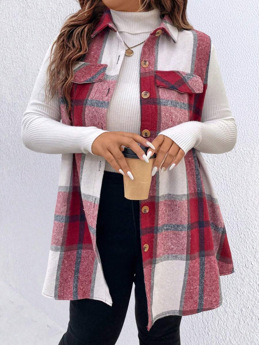 Calvaya Plus Size Button Front Sleeveless Faux Pocket Plaid Casual Jacket, For Winter Sleeveless Cardiganplaid Coat - Multicolor - View 1