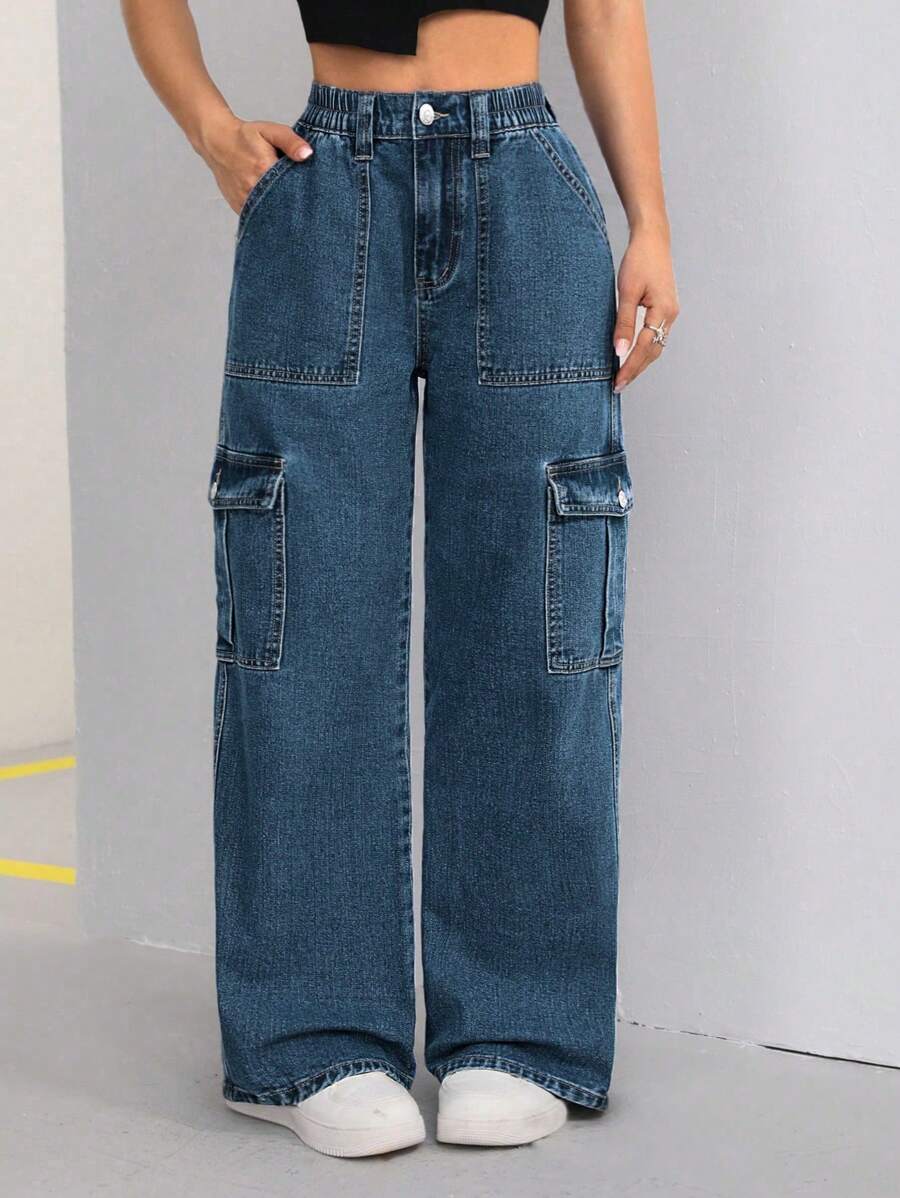 SHEIN ICON 女士宽松多口袋阔腿休闲牛仔裤 - 深色水洗藍 - 查看 1
