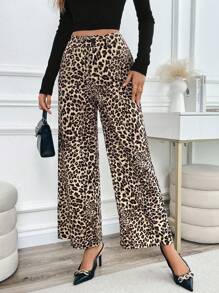 SHEIN LUNE 2024 Autumn New Casual Leopard Print Wide Leg Pocket Pants, Matching Blogger Style Fall Cloth For Women - Multicolor - View 1